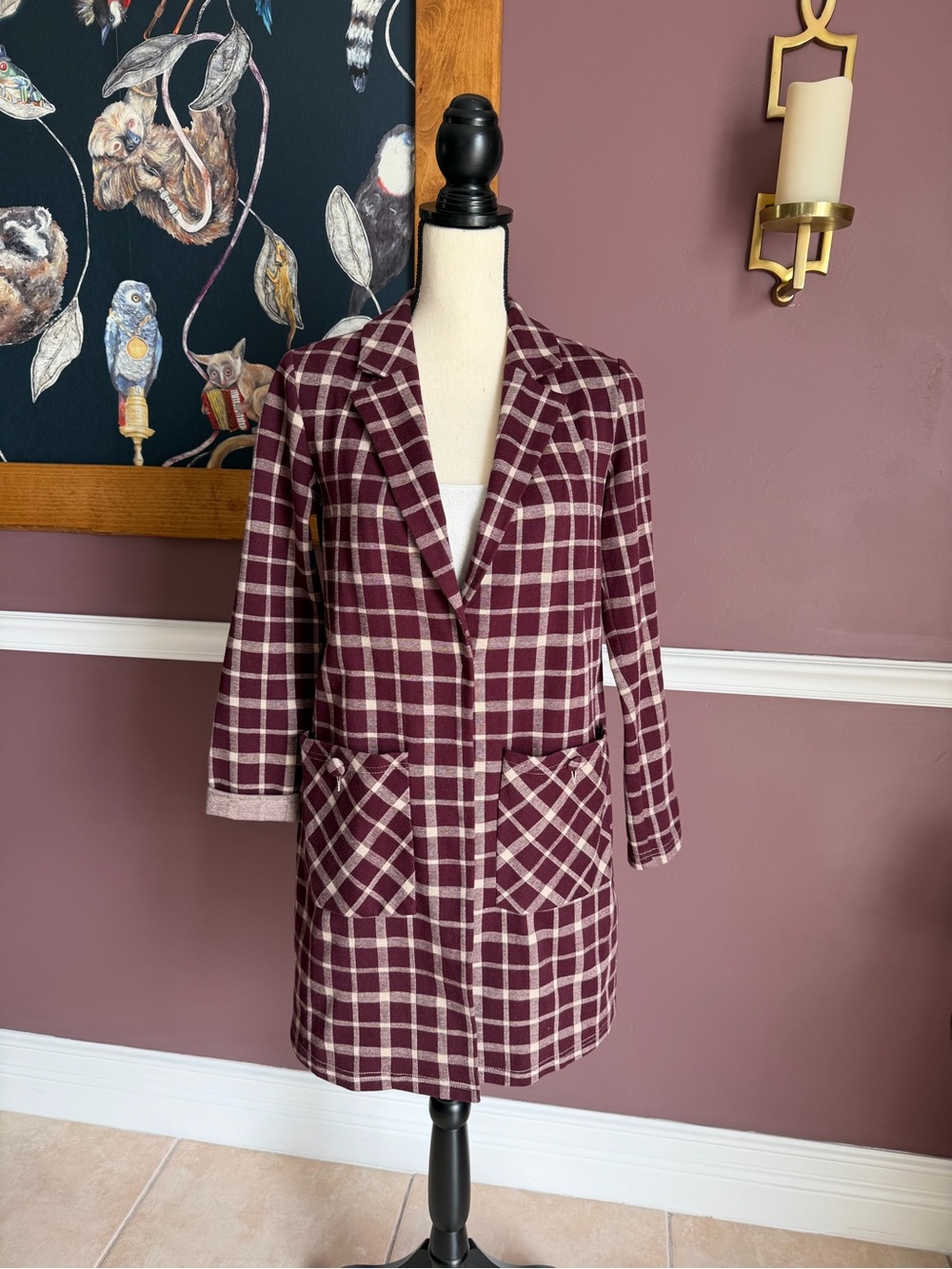 Harlyn Anthropologie Checked Burgundy and Cream Blazer Coat Size  XS